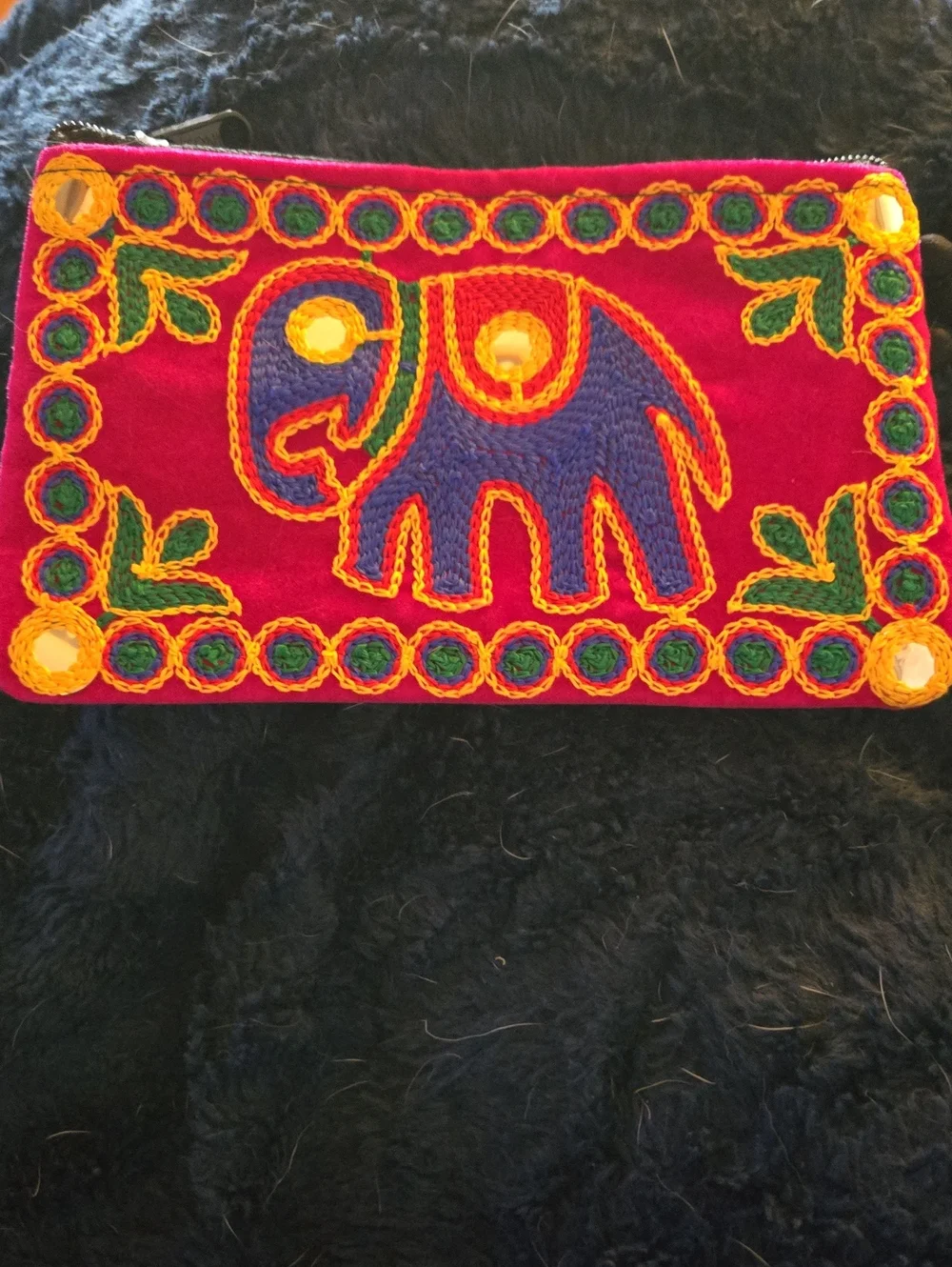 Embroidered Elephant Zip Pouch - Red, Blue & Yellow